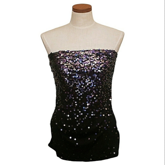 Express Iridescent Metallic Sequins High-Low Strapless Tube Top w/Built-In Bra M - Picture 2 of 16